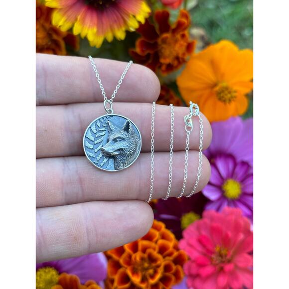 Sterling Silver Fox and Fern Necklace, Silver Fox and Fern Charm Necklace - Picture 2 of 4
